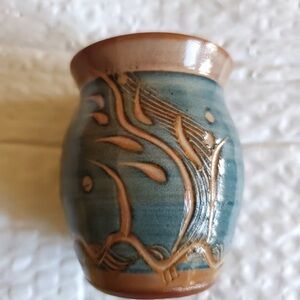 Vtg Vase Tater Knob Pottery. Small Teal Glazed Ceramic Bud Vessel. 3.5" Red Ware